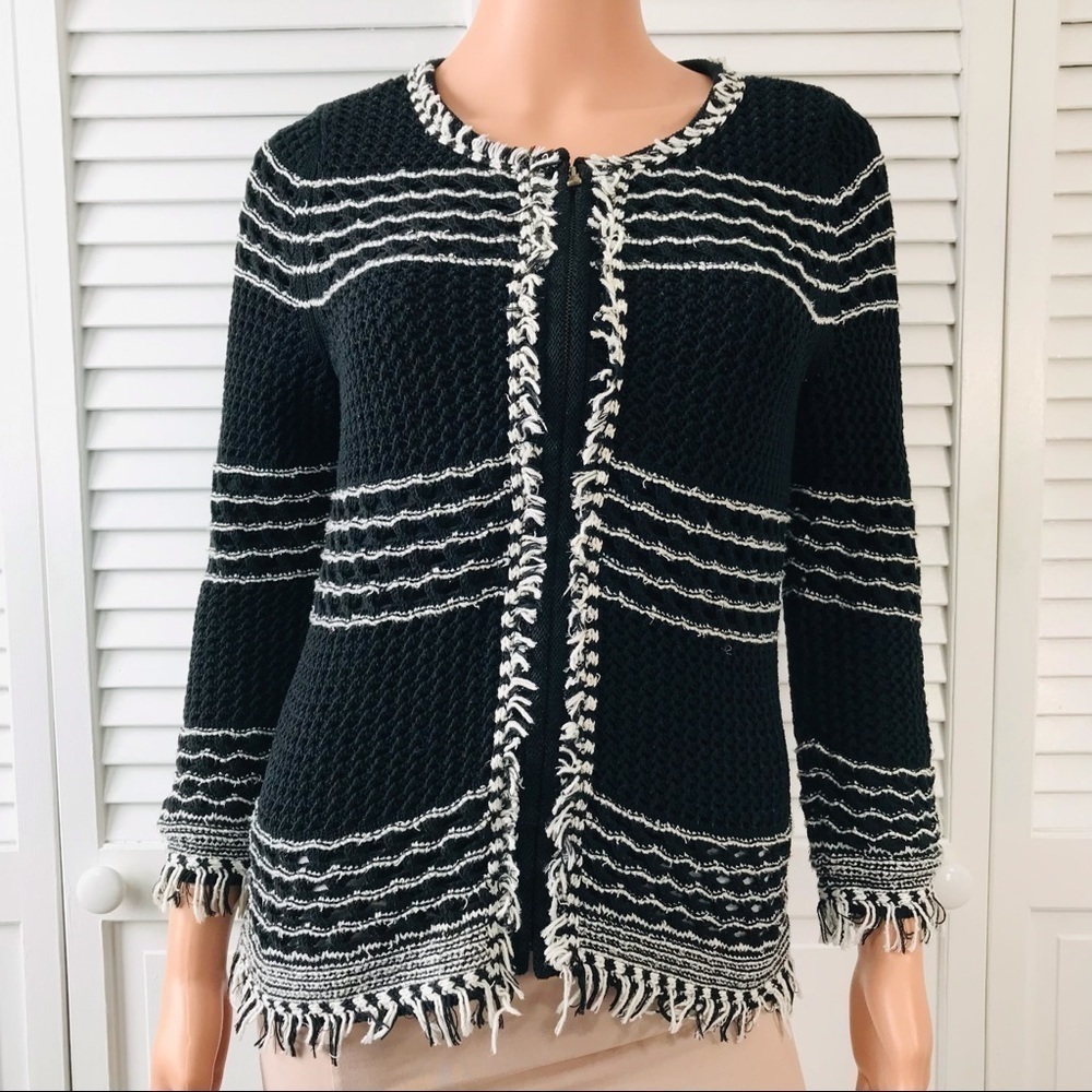 ANN TAYLOR Black White Knit Fringe Full Zip Sweater Size XS